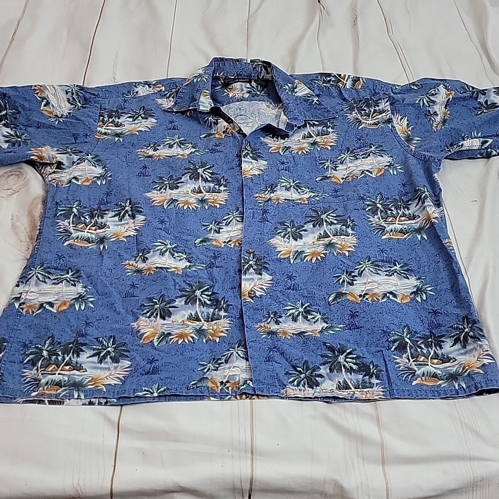 Pierre Cardin Blue Allover Hawaiian Shirt XXL Palm Trees Beach Ocean Island Vibe